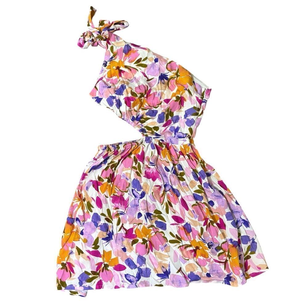 Sky to Moon One Shoulder Colorful Floral Side Cutout Mini Dress Size Small - Picture 2 of 10